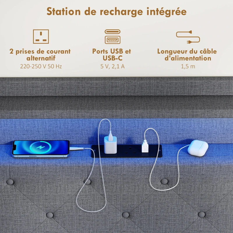 HOMCOM Cadre de lit 160 x 200 cm avec sommier acier, lit 2 personnes flottant avec lumières LED RGB et station de charge, gris