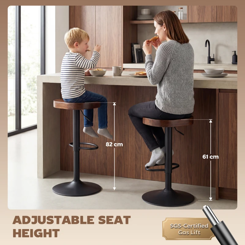 HOMCOM Hokery zestaw 2 sztuki, regulowane obrotowe krzesła z siedziskiem z wiązu, ciemnobrązowe