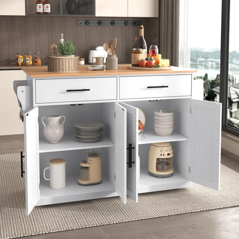 Contemporary Kitchen Storage Trolley with Foldable Dropleaf, Spacious Buffet with Towel Holders, 120L x 71W x 91.5H cm, White+Natural