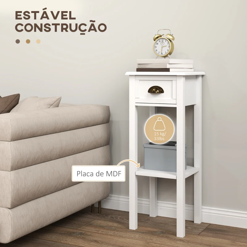HOMCOM Conjunto de 2 Mesas Auxiliares Mesas de Cabeceira com Gaveta e Prateleira de Armazenamento para Quarto 30x30x75 cm Branco