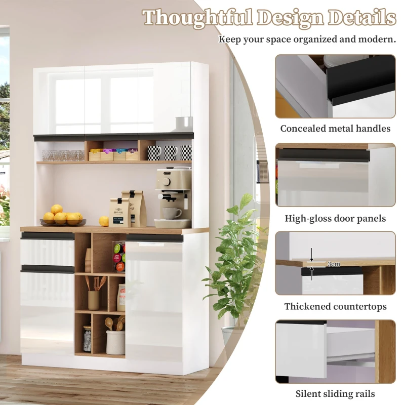 Stylish Kitchen Cabinet with Open Storage, Anti-Tip Protection, Versatile Sideboard for Dining and Living Areas, 105L x 45W x 185H cm, White