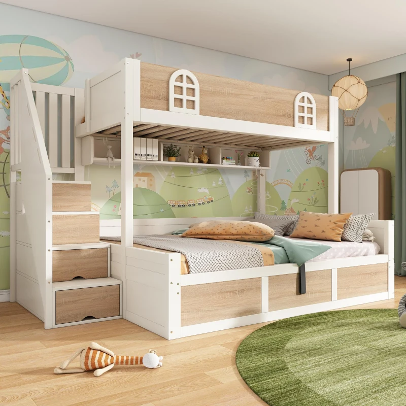 Cabin-Style Bunk Bed with Staircase Storage Cube & Hanging Baskets, Hydraulic-Lift Bed for Children, 244L x 140W x 155H cm, Natural+White