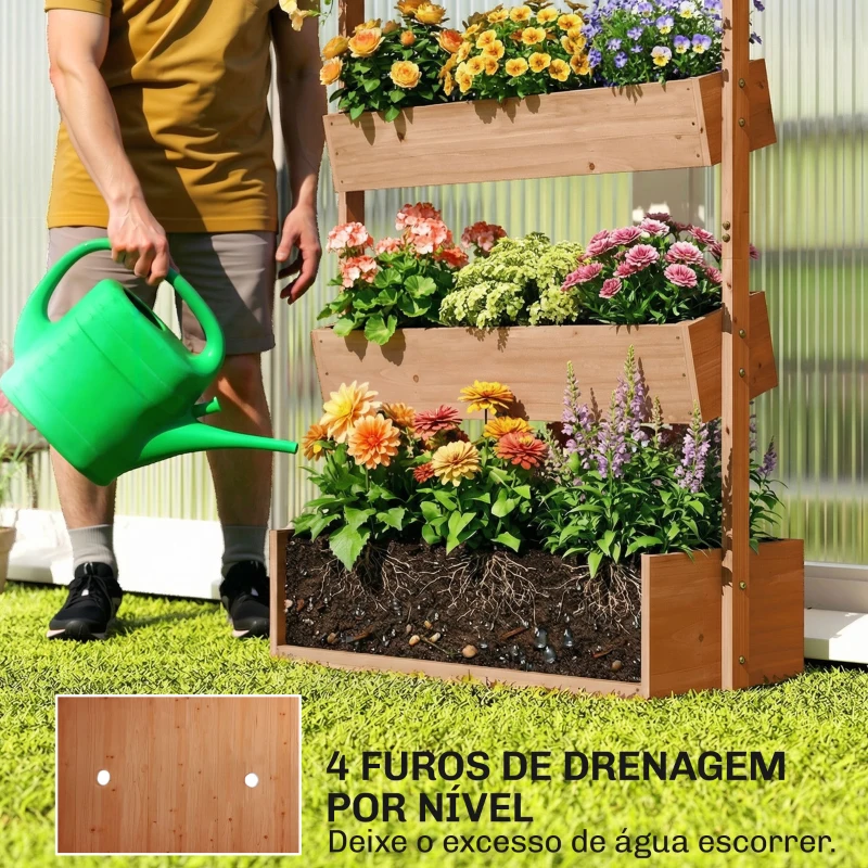 Outsunny Canteiro de Madeira de 4 Níveis Canteiro Elevado Exterior com Orifícios de Drenagem Tecido Não Tecido Castanho