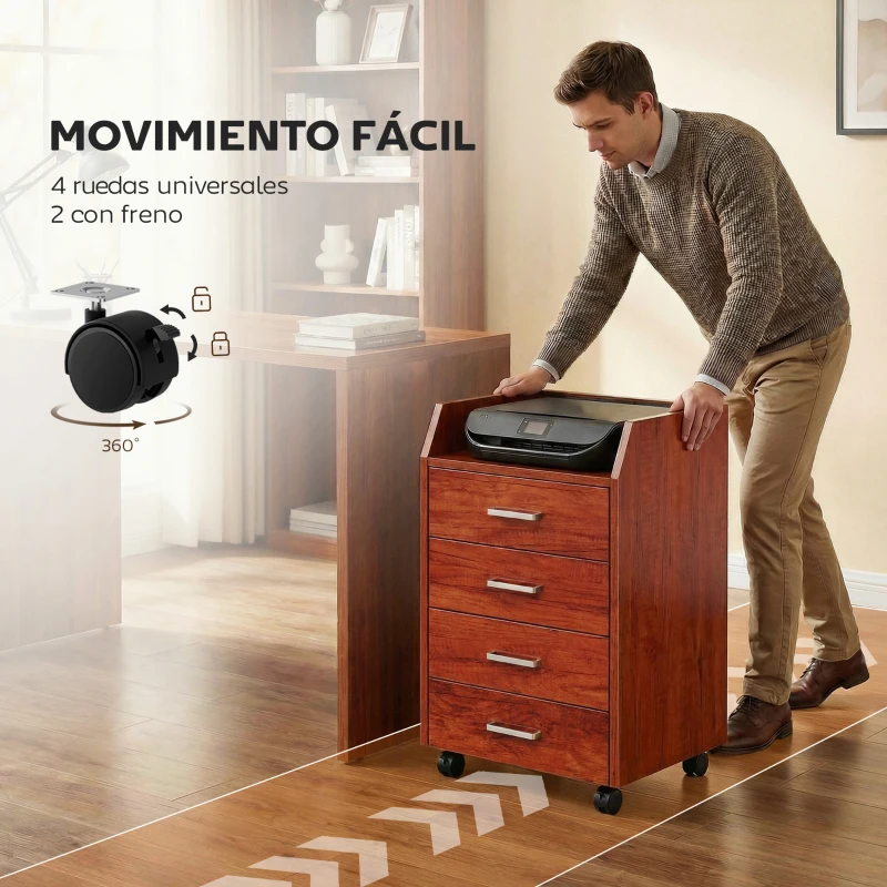 Vinsetto Cajonera de Escritorio con Ruedas Cajonera de Oficina con 4 Cajones Archivador Móvil para Estudio 40x36x65 cm Marrón