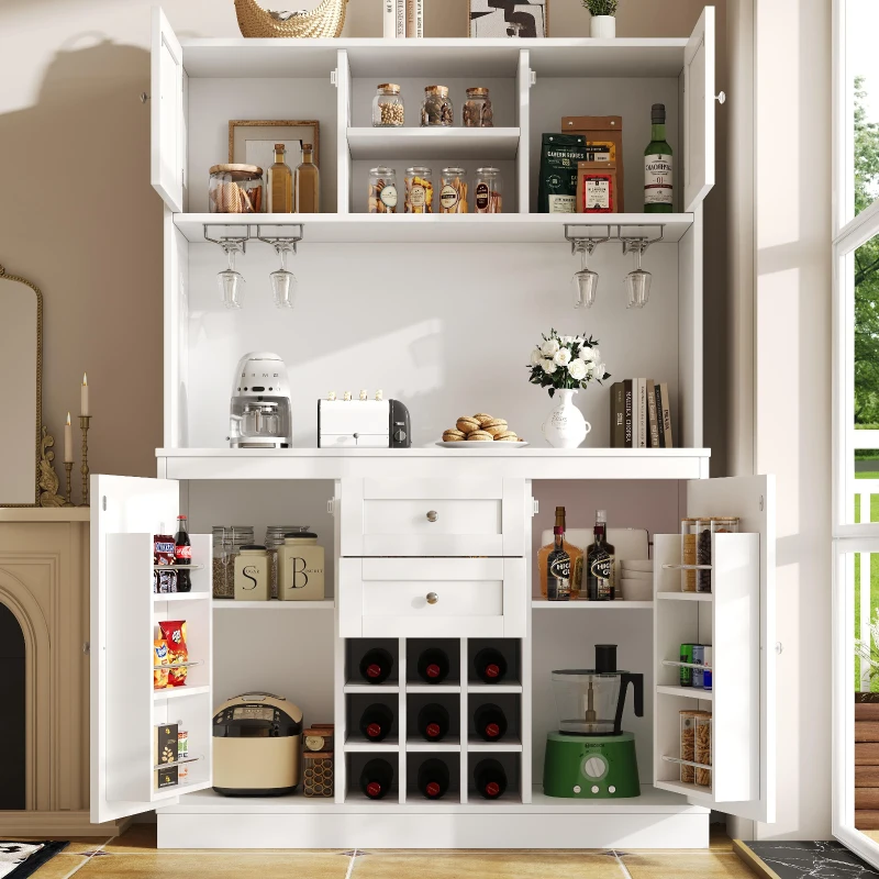 Tall Kitchen Cabinet with Wine Rack and Adjustable Shelves, Spacious Kitchen Cupboard with Doors and Drawers, 120L x 40W x 188H cm, White