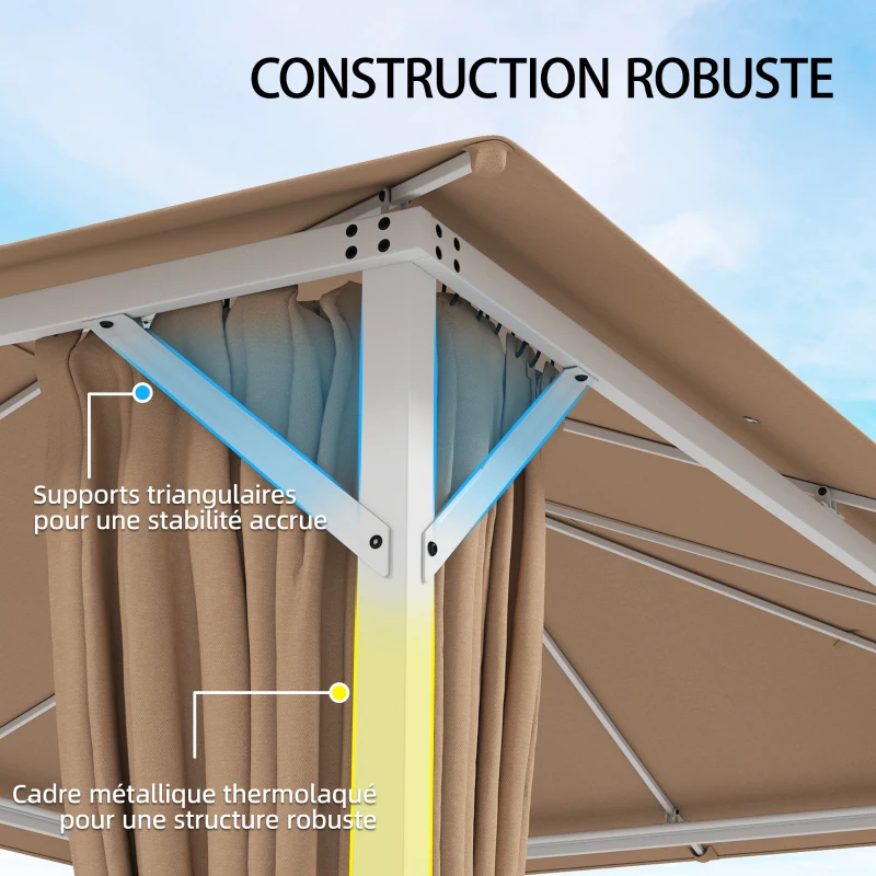 Outsunny Tonnelle de Jardin Pavillon Structure Stable en Métal 60mm Protection UV50+ et 10 Trous de Drainage 394x294x255cm Khaki
