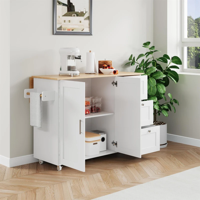 Versatile Kitchen Island with 3 Drawers and 2-Door Cabinet, Space-Saving Rolling Trolley with Foldable Worktop, 135L x 70W x 90H cm, White