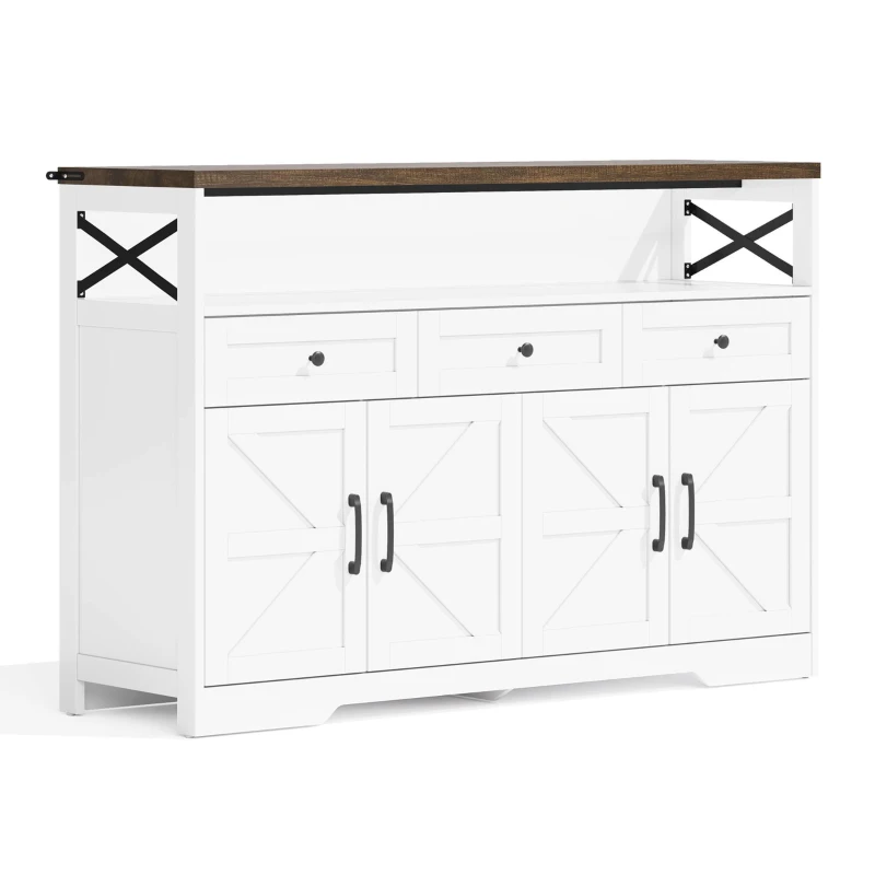 Versatile Sideboard with 2 Cupboards and Smooth‑Glide Drawers, Modern Coffee Bar for Living Room, 140L x 35W x 95H cm, Brown+White