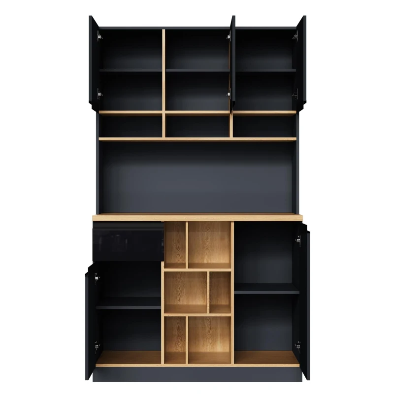 Stylish Kitchen Cabinet with 3 Smooth-Sliding Drawers, Versatile Sideboard with Adjustable Shelves, 105L x 45W x 185H cm, Black+Natural