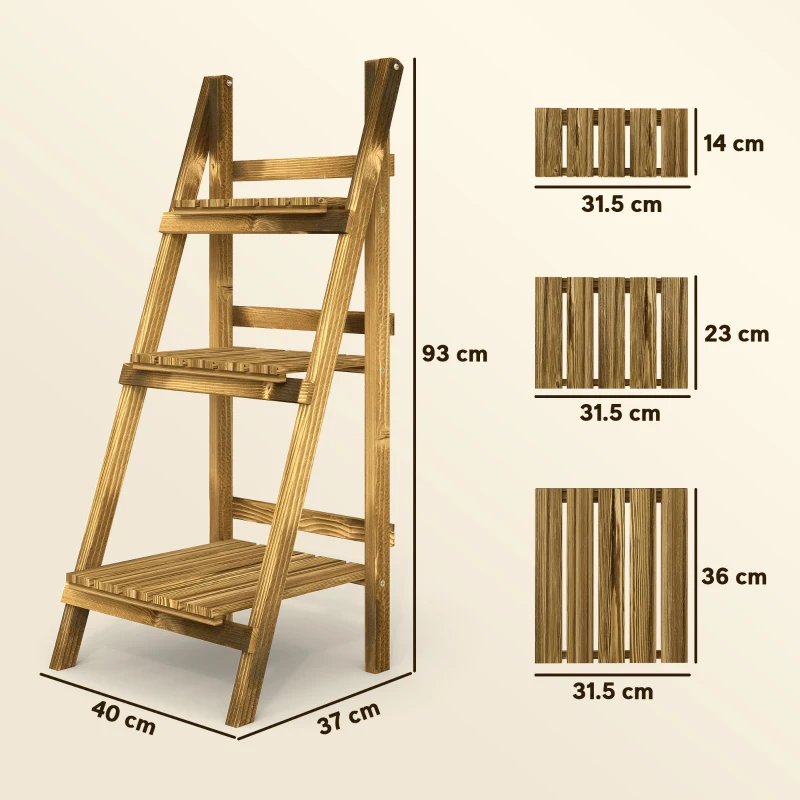 Outsunny Suport pentru Plante Pliabil, Jardinieră cu 3 Niveluri, Raft de Exterior pentru Plante, 40x37x93 cm, Lemn Natural