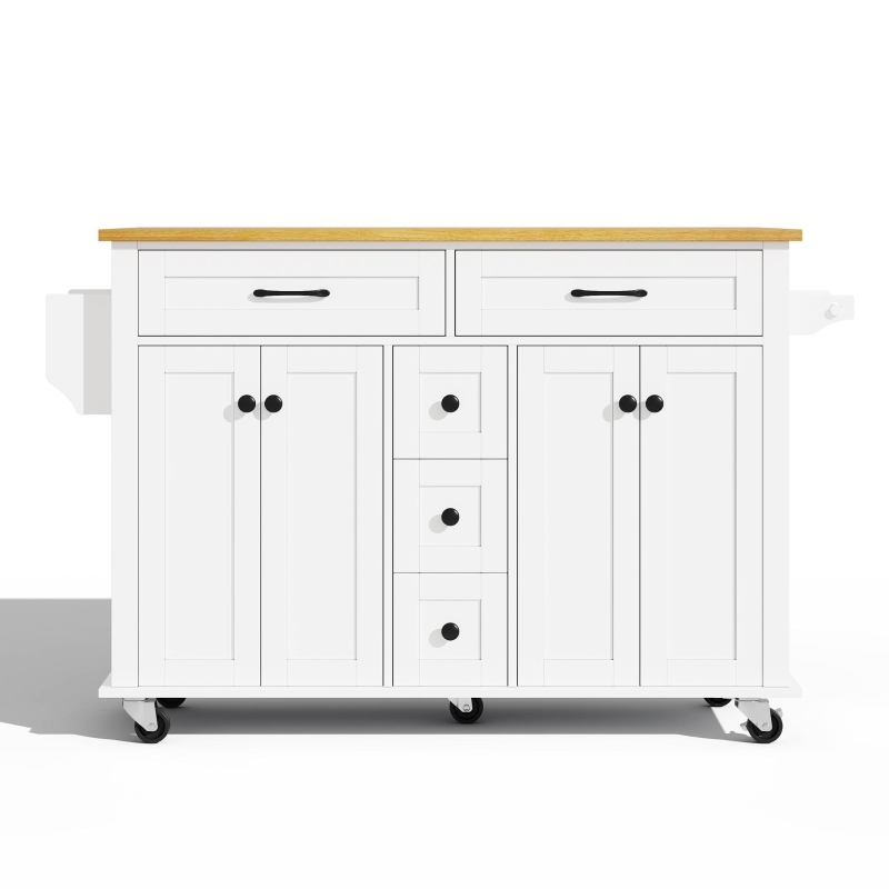 Versatile Kitchen Trolley with Extendable Worktop and 5 Drawers, Sturdy Buffet with Lockable Castors, 140L x 65W x 89H cm, White+Natural
