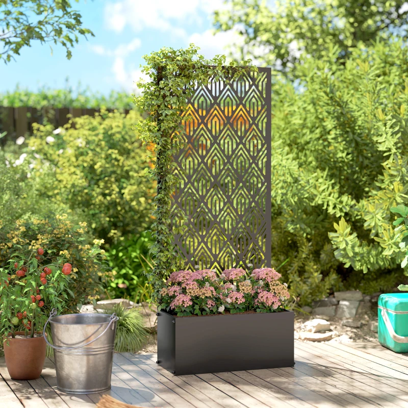Outsunny Jardinieră cu spalier, ghiveci cu paravan, pentru plante cățărătoare, metal, 45 x 21,5 x 110 cm, negru