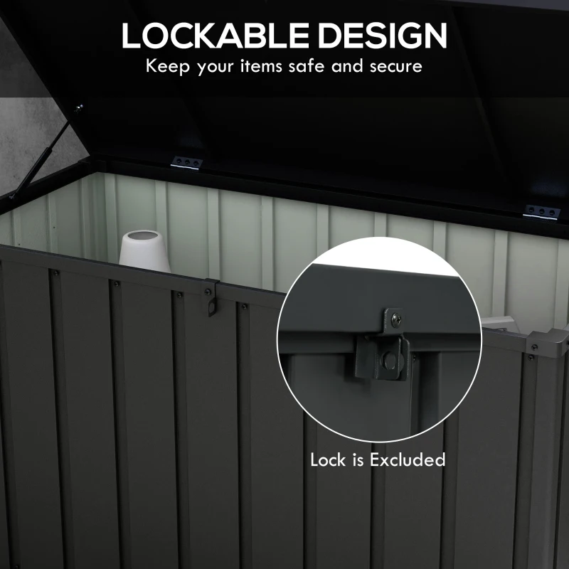 Outsunny Skrzynia ogrodowa na poduszki 450L Pojemnik na przechowywanie z kółkami, Skrzynia do przechowywania z siłownikami gazowymi, do ogrodu, balkonu, stalowa, kolor ciemnoszary
