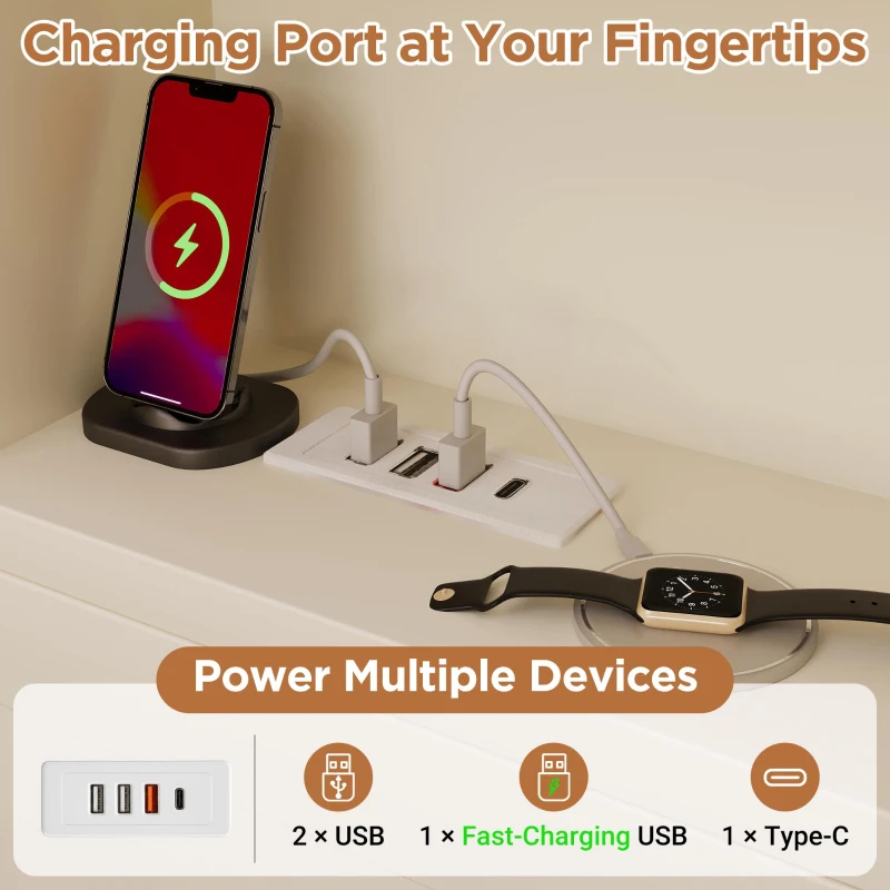 Practical Platform Bed with USB, Type-C Charging Ports and Bookcase, L-Shaped Bed with Triple-Side Storage, 234L x 116W x 90H cm, White