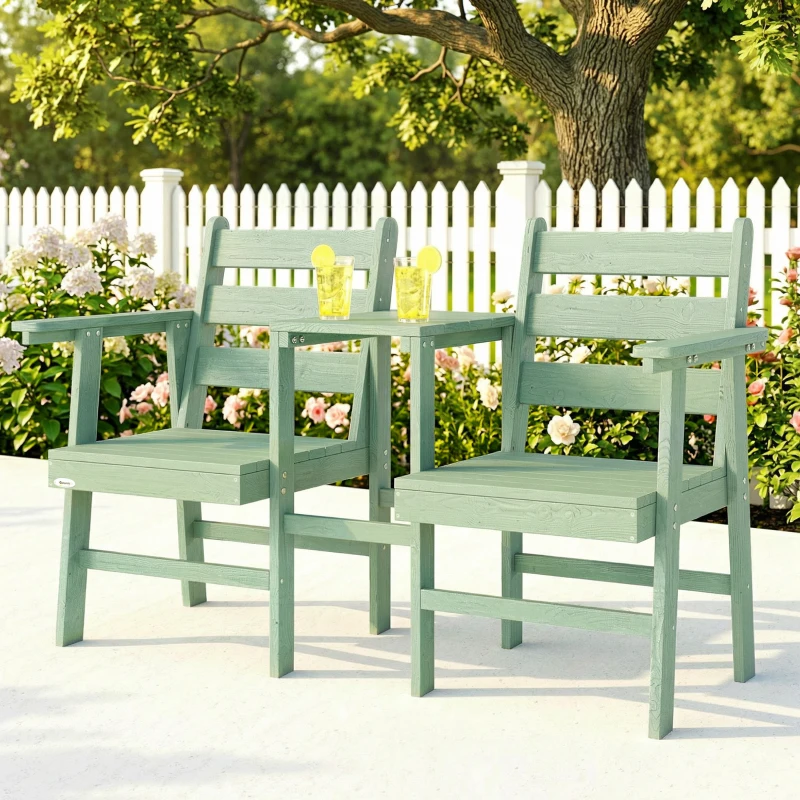 Outsunny Outdoor Garden Loveseat, Embossed Wooden Jack and Jill Garden Seat with Integrated Table, Green