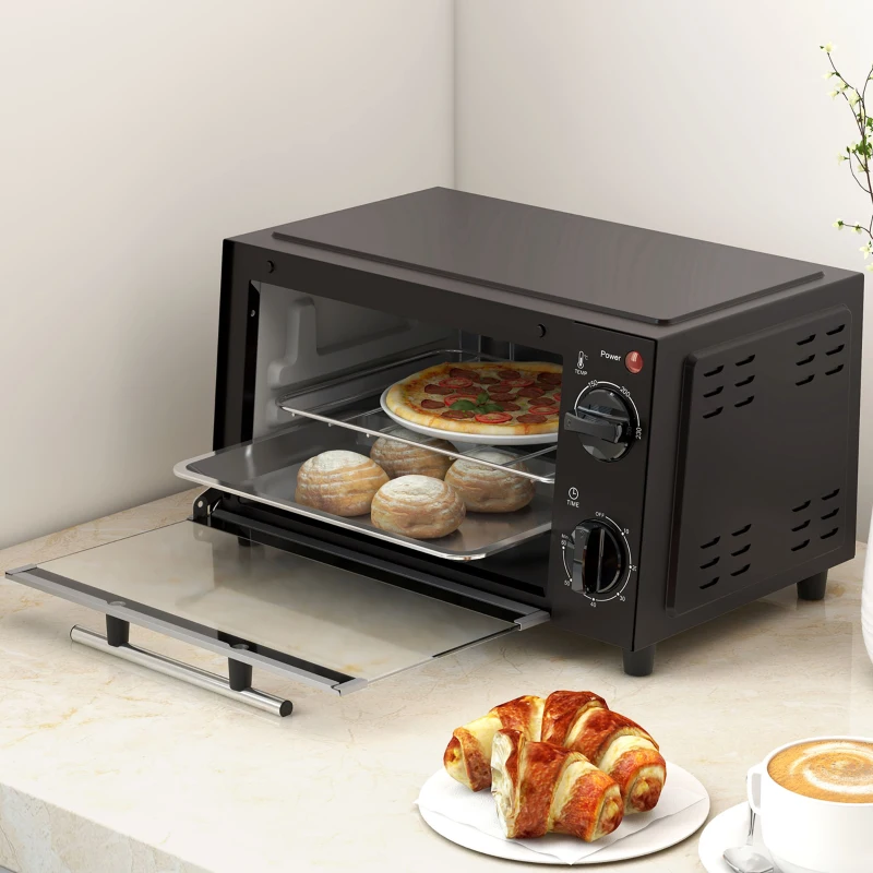 HOMCOM Mini Forno Elétrico 9L com Temperatura Ajustável até 230°C Temporizador 60 min e Bandeja para Assar 35x24,6x20 cm Preto