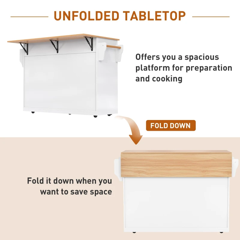 Contemporary Kitchen Storage Trolley with Foldable Dropleaf, Spacious Buffet with Towel Holders, 120L x 71W x 91.5H cm, White+Natural
