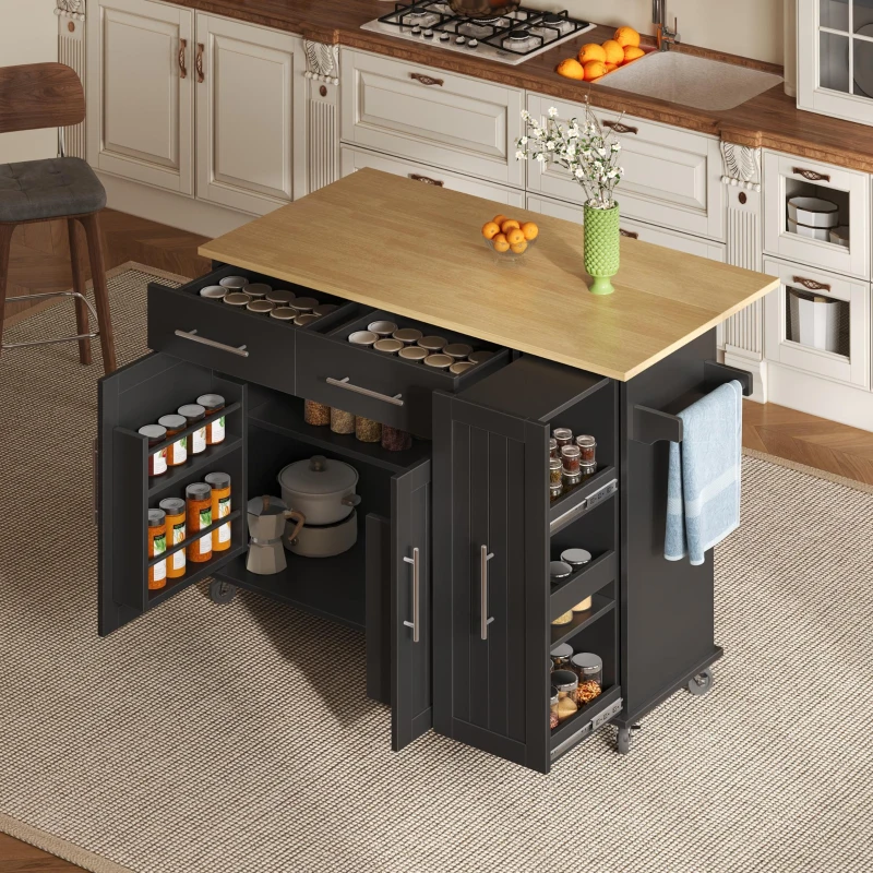 Sleek Kitchen Trolley with Drop Leaf and Pull-Out Organiser, Mobile Kitchen Island with Lockable Castors, 120L x 40W x 90H cm, Black+Natural