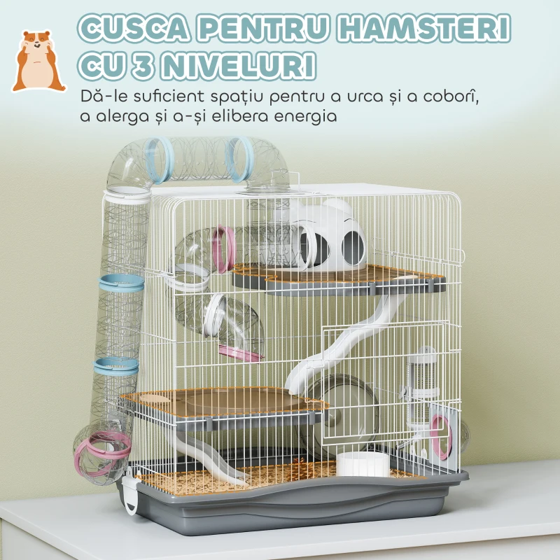 PawHut Cușcă pentru Hamsteri pe 3 Niveluri și 14 Tuburi cu Căsuță, Rampă și Accesorii, din Metal și Plastic, 45x30x45 cm, Gri