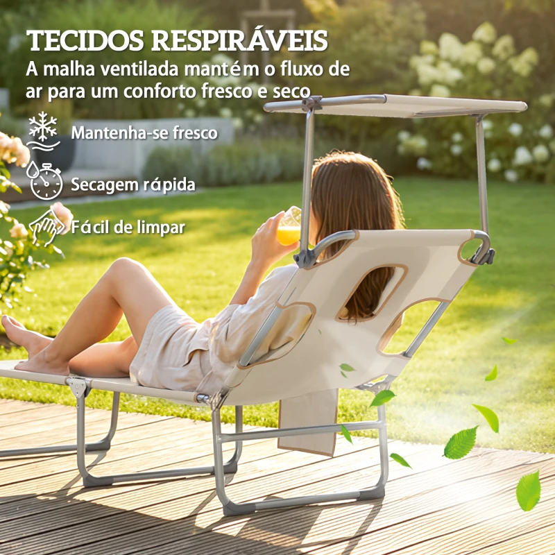 Outsunny Conjunto de 2 Espreguiçadeiras Dobráveis com Dossel 360° Encosto 5 Posições Orifício Facial e Textilene 550 g/m² 188x56x27 cm Bege