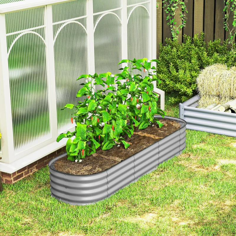 Outsunny Pat înalt pentru plante, pat modular înălțat, muchii protejate, design fără fund,  195 x 62 x 30 cm, Argintiu