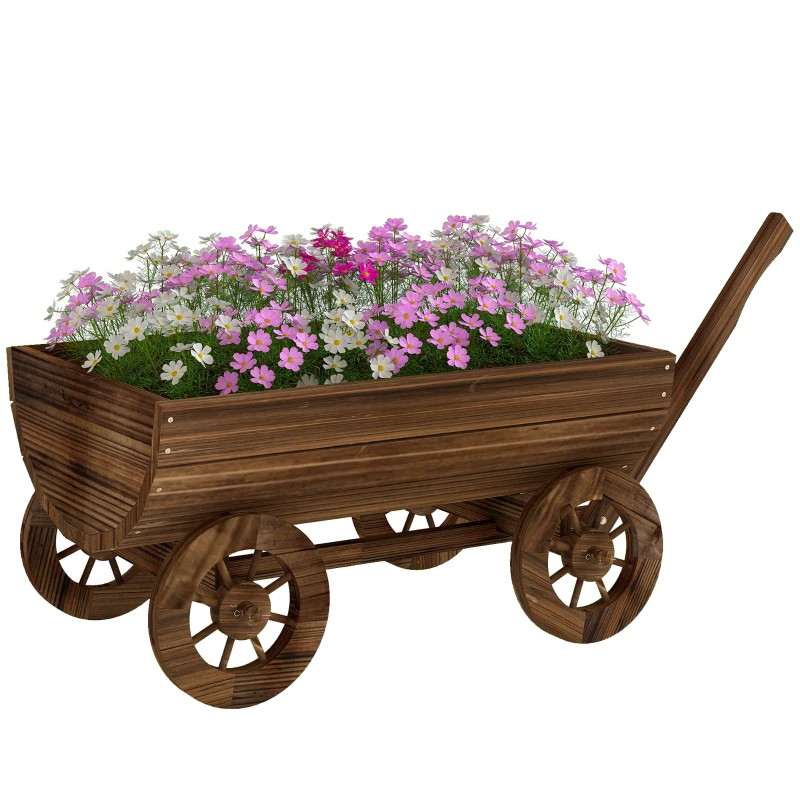 Outsunny Cărucior din lemn cu 4 roți și mâner Jardinieră exterioară cu orificiu de drenaj 115x40x54,5 cm Carbonizat