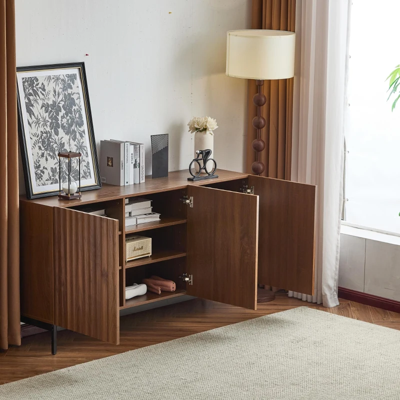 Mid-Century Sideboard with 3D Wave Design and Steel Legs, Versatile Cabinet with 3 Doors, Adjustable Shelves, 150L x 40W x 80H cm, Natural