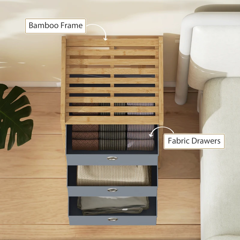 HOMCOM Chest of Drawers, 3 Fabric Drawers Narrow Dresser with Bamboo Frame, Light Grey