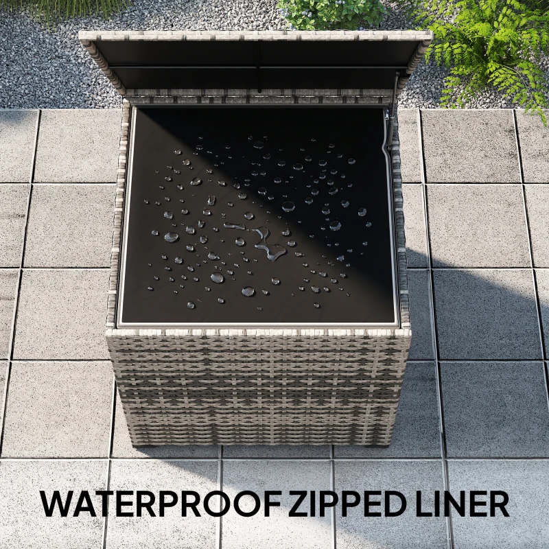 Outsunny 253L Garden Storage Box, Rattan Deck Box with Zipped Liner, Safe Pneumatic Rod, Patio Storage Container, Mixed Grey