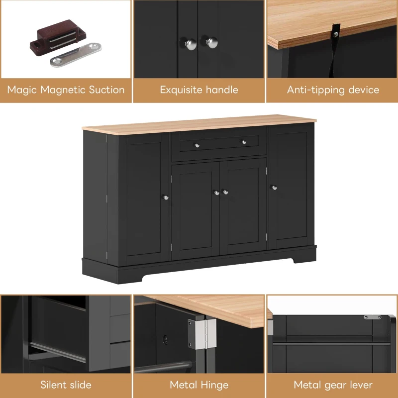 Multifunctional Kitchen Sideboard with Double-Door Compartment, Spacious Cabinet with Adjustable Shelves, 138L x 40W x 85H cm, Black