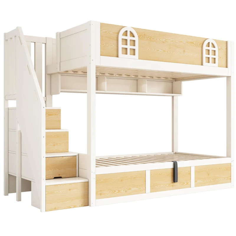 Cabin-Style Bunk Bed with Staircase Cabinet & Underbed Storage, Space-Saving Single Bed for Kids, 243L x 95W x 152H cm, Natural+White