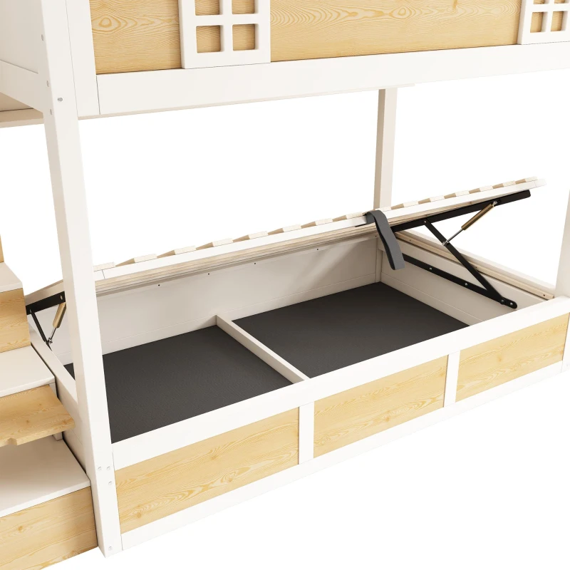 Cabin-Style Bunk Bed with Staircase Cabinet & Underbed Storage, Space-Saving Single Bed for Kids, 243L x 95W x 152H cm, Natural+White