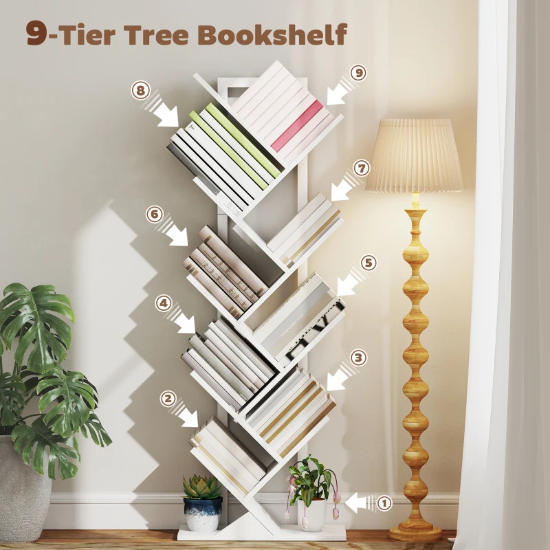 HOMCOM 9-Tier Tree Bookshelf, Industrial Free Standing Bookcase with Steel Frame, Display Storage White