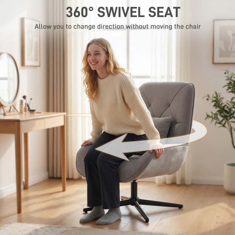 HOMCOM Accent Chair, Chenille Upholstered Swivel Armchair with Lumbar Pillow, High Back, Deep Seat and Metal Legs, Light Grey