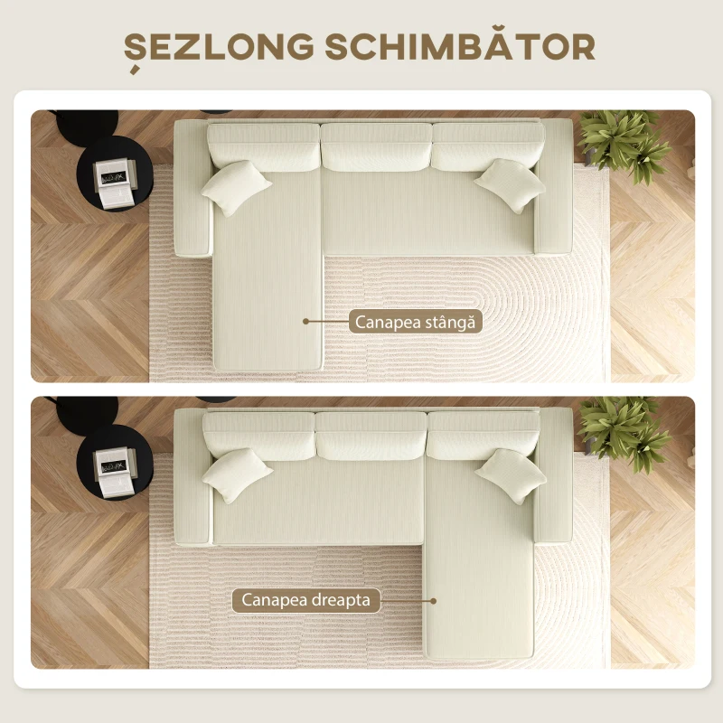 Canapea HOMCOM catifea crem, 3 locuri