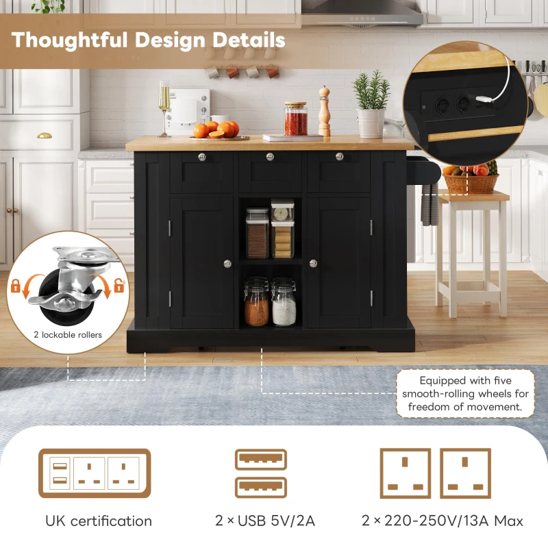 Versatile Kitchen Island with 3 Drawers and 2‑Door Cupboards, Practical Trolley with Extendable Worktop, 132L x 70W x 87H cm, Natural+Black