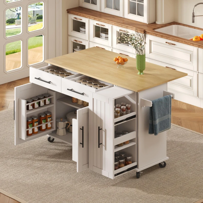 Sleek Kitchen Trolley with Drop Leaf and Pull-Out Organiser, Mobile Kitchen Island with Lockable Castors, 120L x 40W x 90H cm, White+Natural