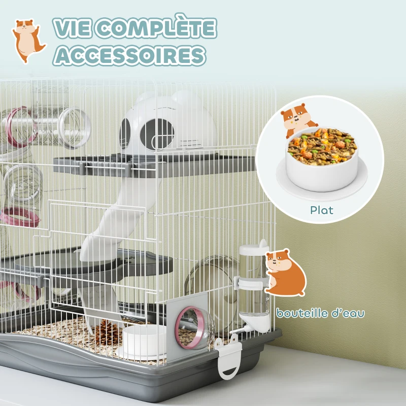PawHut Cage hamster, cage rongeur à 3 niveaux, roue d'exercice, tunnel, gamelle, niche et rampe d'accès, 45 x 30 x 45 cm, gris