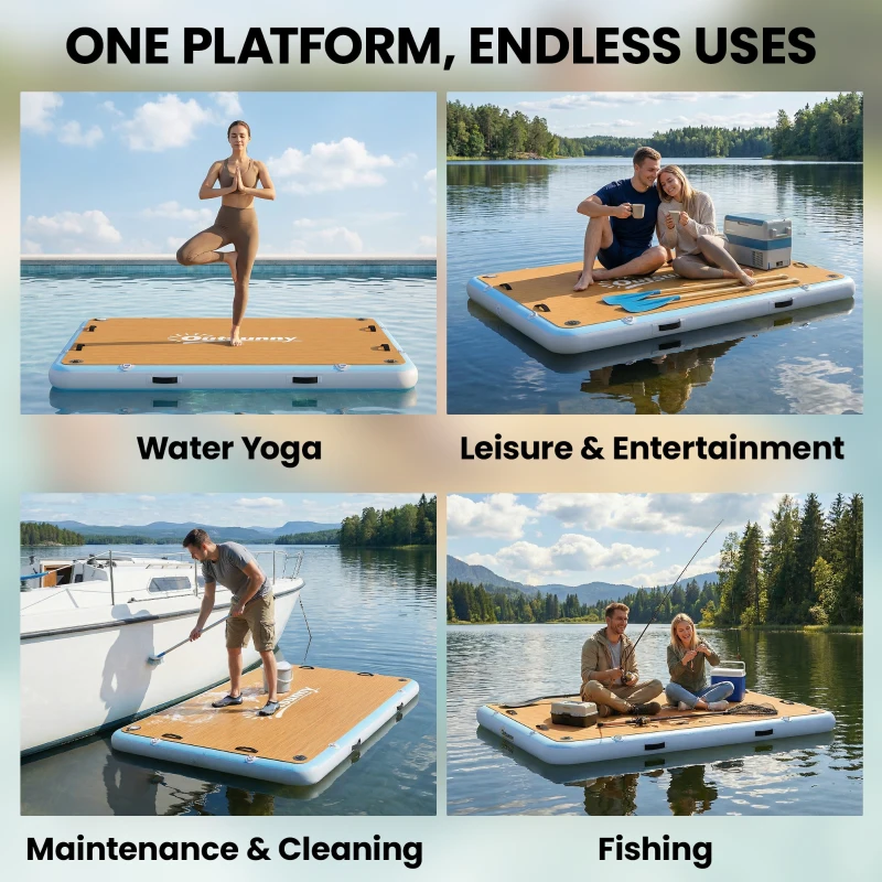 Outsunny Nadmuchiwany Dock Pływający Dock 2,4x1,8m Nadmuchiwany Pływająca Platforma 4-6 Osób z Antypoślizgową Powierzchnią Drabinka