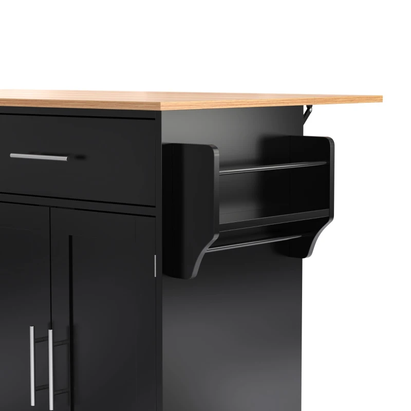 Contemporary Kitchen Storage Trolley with Foldable Dropleaf, Spacious Buffet with Towel Holders, 120L x 71W x 91.5H cm, Black+Natural