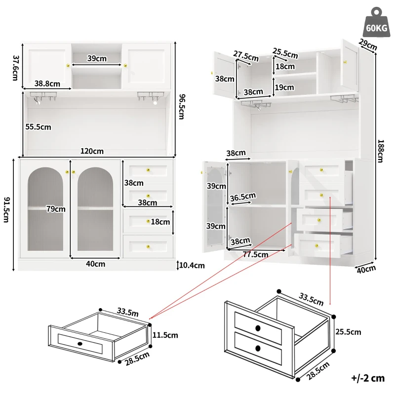 Modern Sideboard with App-Controlled LED, Snack Rack and Drink Holders, Spacious Buffet with Anti-Tip Fixings, 120L x 40W x 188H cm, White