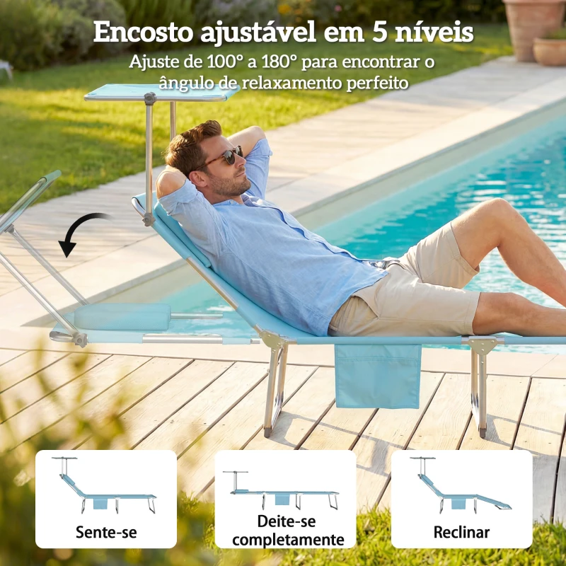 Outsunny Conjunto de 2 Espreguiçadeiras Dobráveis com Dossel 360° Encosto 5 Posições Orifício Facial 188x56x27 cm Azul Claro