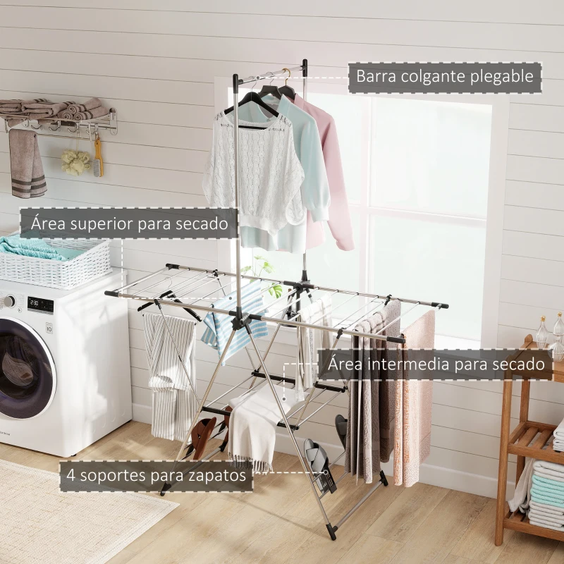 HOMCOM Tendedero Vertical Plegable con Alas Ajustables 4 Soportes para Calzado Barra y Estante 139x62,5x201 cm Plata