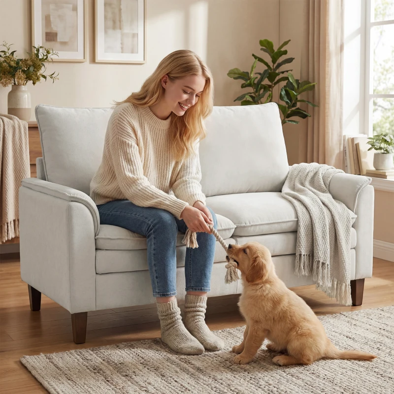 HOMCOM Canapea 2 locuri 146 cm, canapea chenille cu căptușeală în două straturi, pernă cu arcuri, șezut adânc, spătar înalt, alb crem