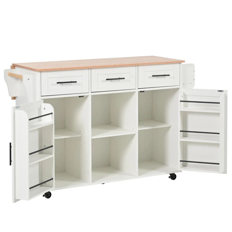 Stylish Kitchen Trolley with Foldable Wood-Grain Countertop, Versatile Buffet with Interchangeable Wheels, 139L x 46W x 91H cm, White