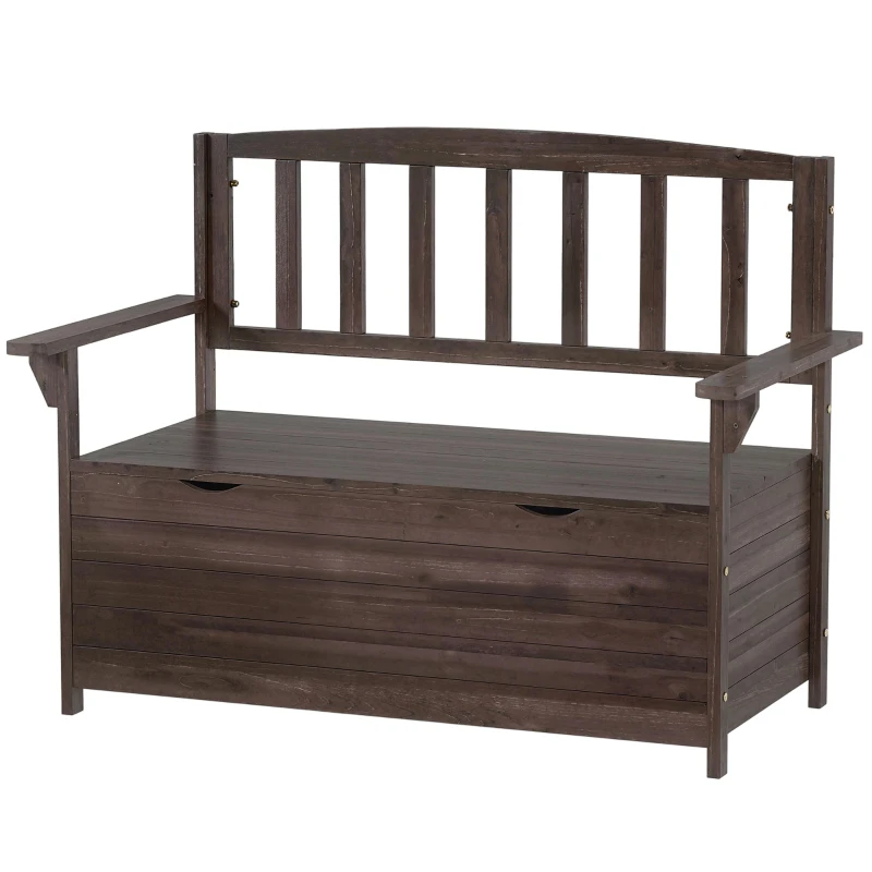 Outsunny Outdoor 2 Seater Garden Bench, Wooden Bench with Storage, Backrest, Arm Rests, 112 x 84 x 58 cm, Brown