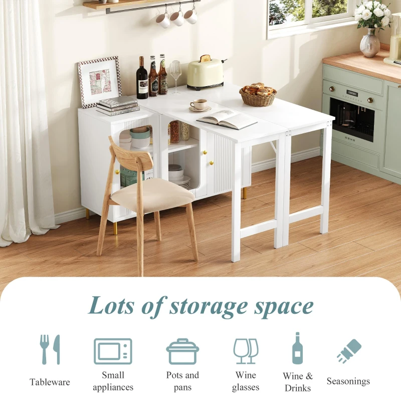 Multifunctional Bar Cabinet with Rotating Extendable Tabletop, Space-Saving Sideboard with Sliding Doors, 122L x 40W x 82H cm, White