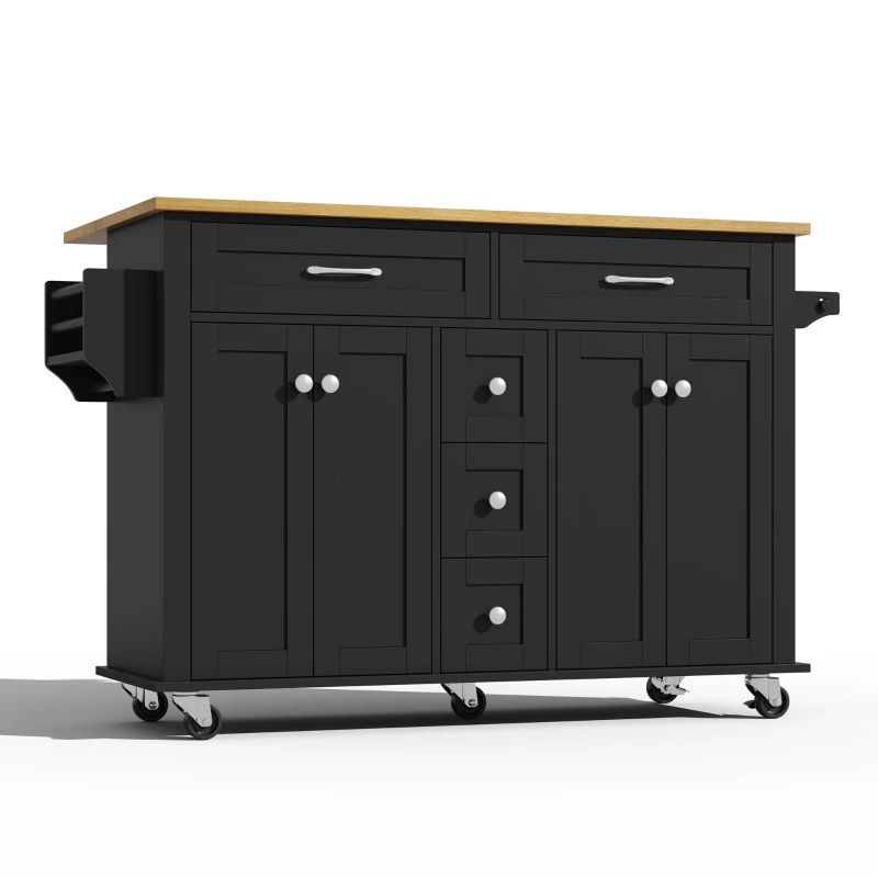 Versatile Kitchen Trolley with Extendable Worktop and 5 Drawers, Sturdy Buffet with Lockable Castors, 140L x 65W x 89H cm, Black+Natural