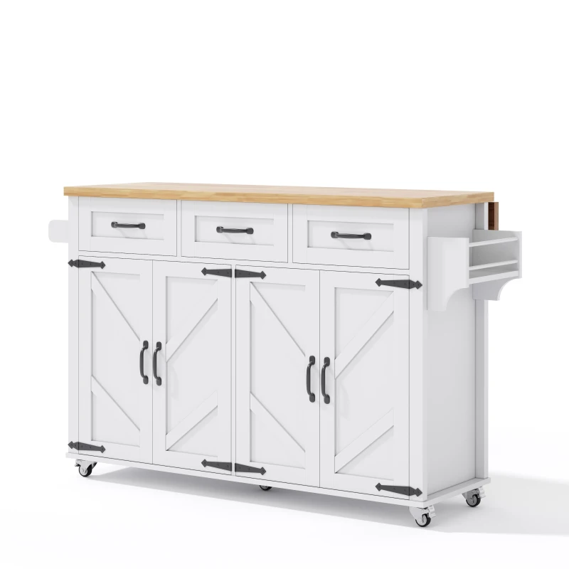 Mobile Kitchen Island with 5 Lockable Castors and Central Wheel, Practical Cart with Foldable Tabletop, 140L x 70W x 90.5H cm, White+Natural