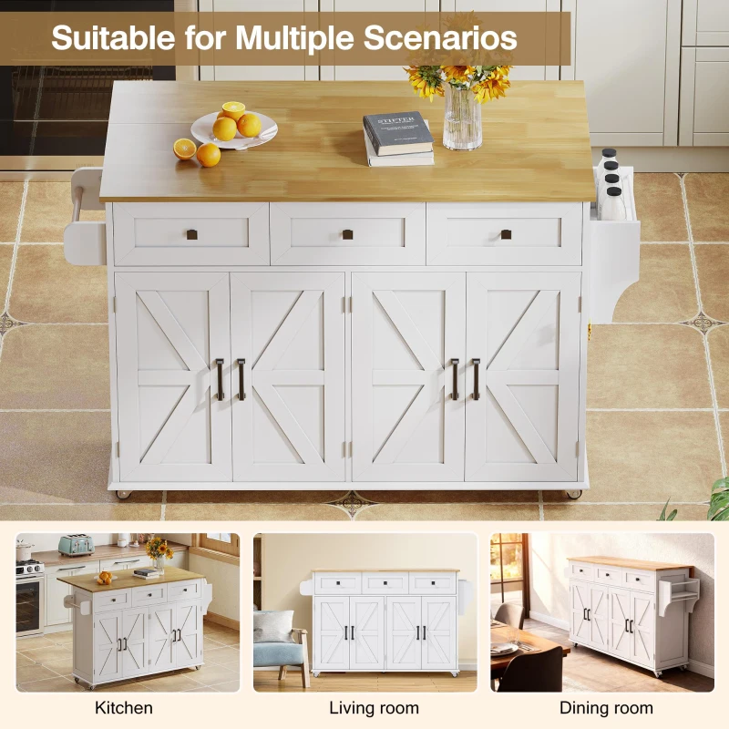 Practical Kitchen Island with 3 Drawers, Door-Mounted Shelf, Trendy Cart with Foldable Countertop, 140L x 70W x 90.5H cm, White+Natural